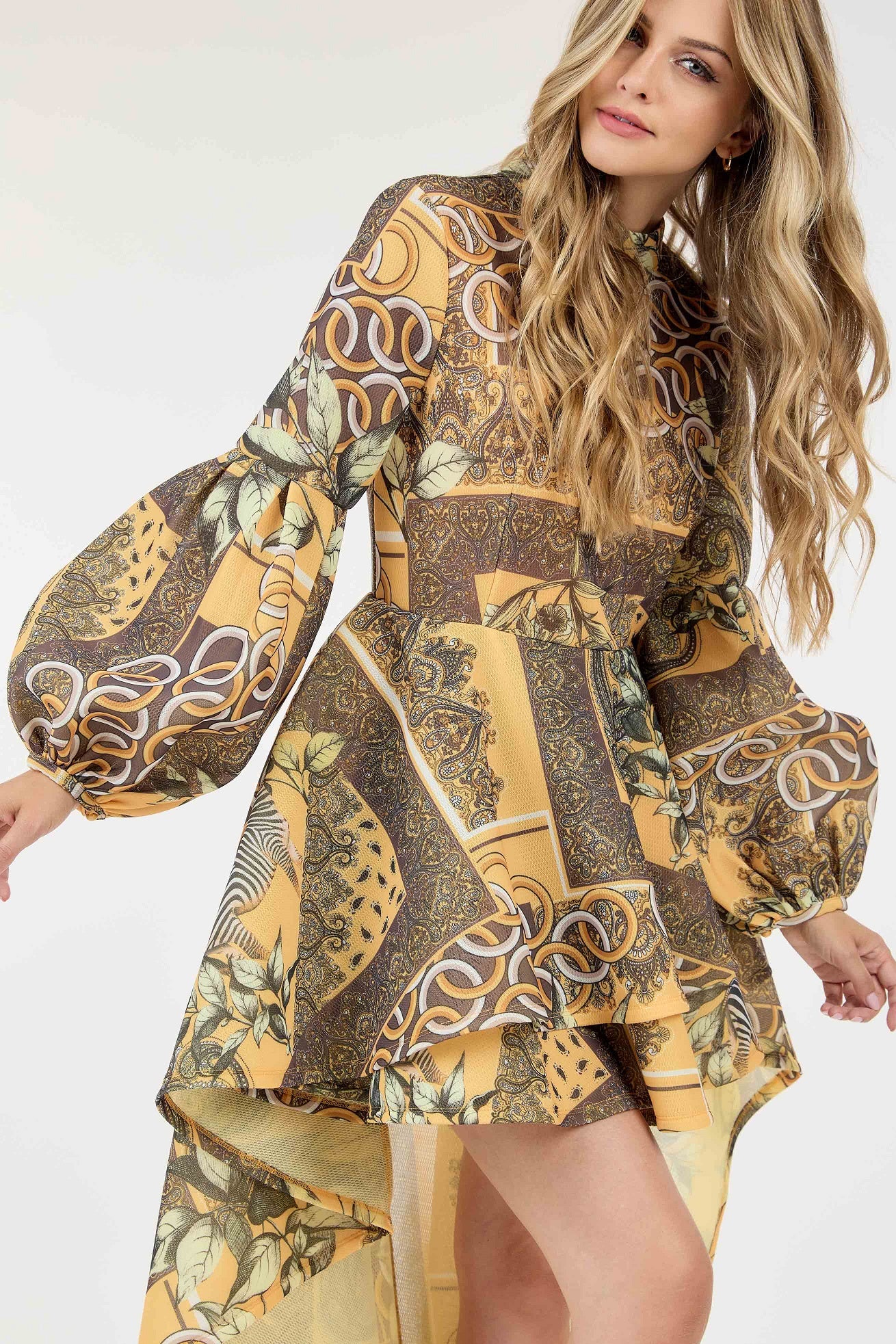Long Sleeve High Low Print Dress