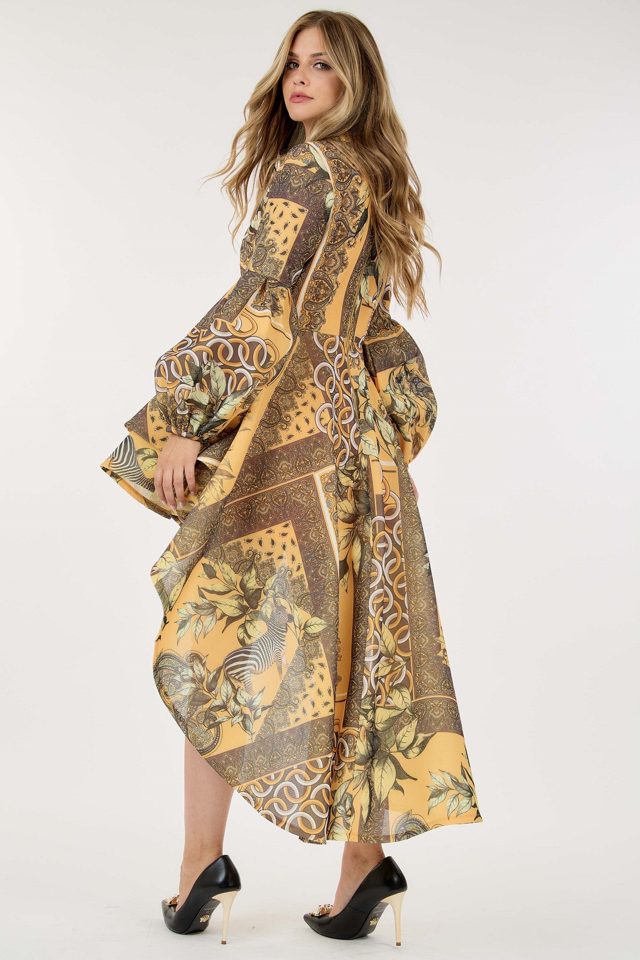 Long Sleeve High Low Print Dress